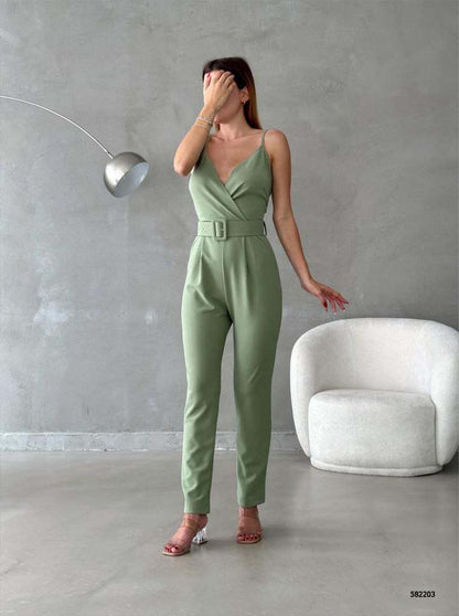 Sage Wrap-Style Belted Jumpsuit