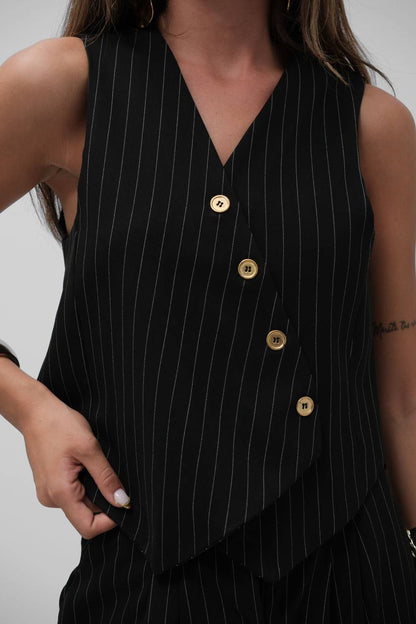 Black Pinstripe Sleeveless Suit with Gold Accents