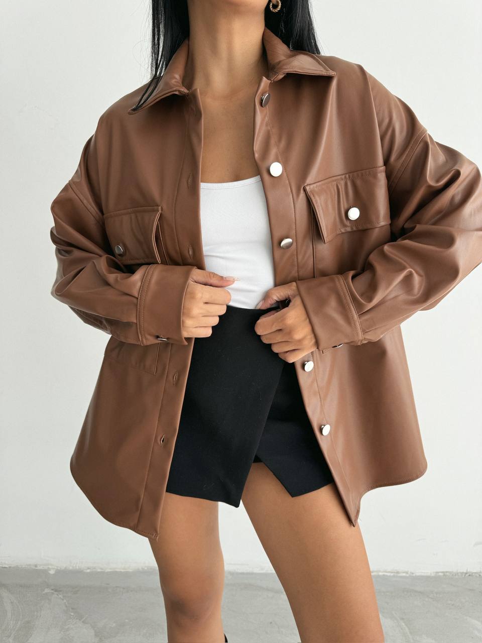 Leather Button-Up Jacket - Versatile and Trendy