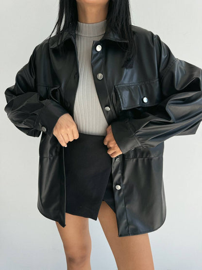 Leather Button-Up Jacket - Versatile and Trendy