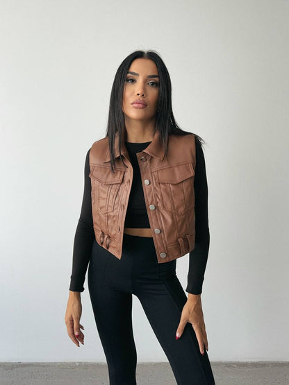 Leather Sleeveless Jacket with Tailored Fit