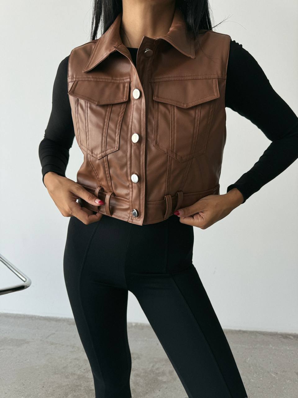 Leather Sleeveless Jacket with Tailored Fit