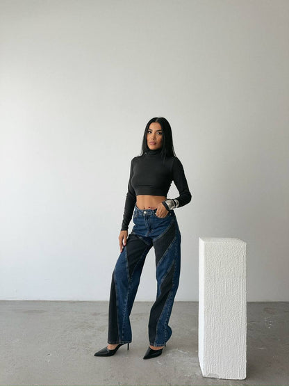 High-Waisted Dark-Wash Straight-Leg Denim Trousers