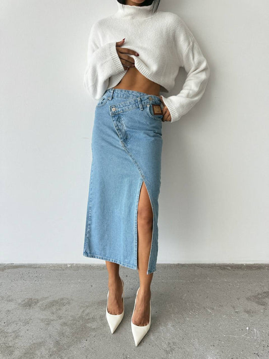 High-Waisted Denim Skirt with Front Slit