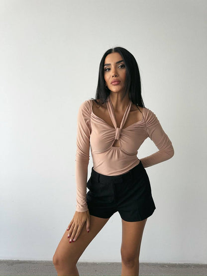 Tie-Front Plunge Neckline Bodysuit