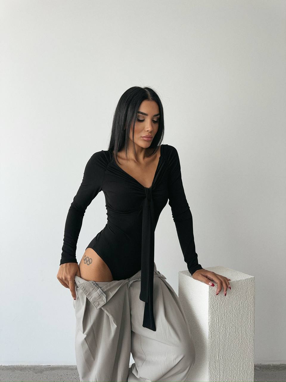 Tie-Front Plunge Neckline Bodysuit