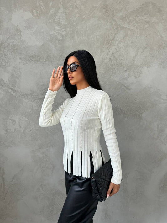 Ribbed Sweater with Fringe Detail