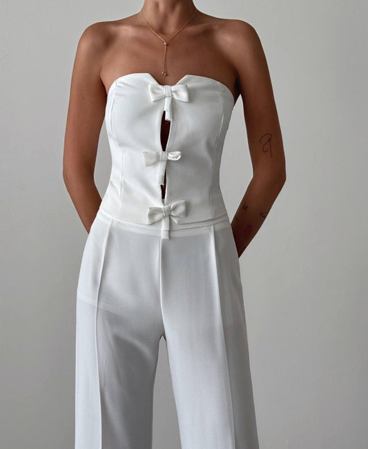 Suit of Trousers and a Strapless Top with Bow Buttons