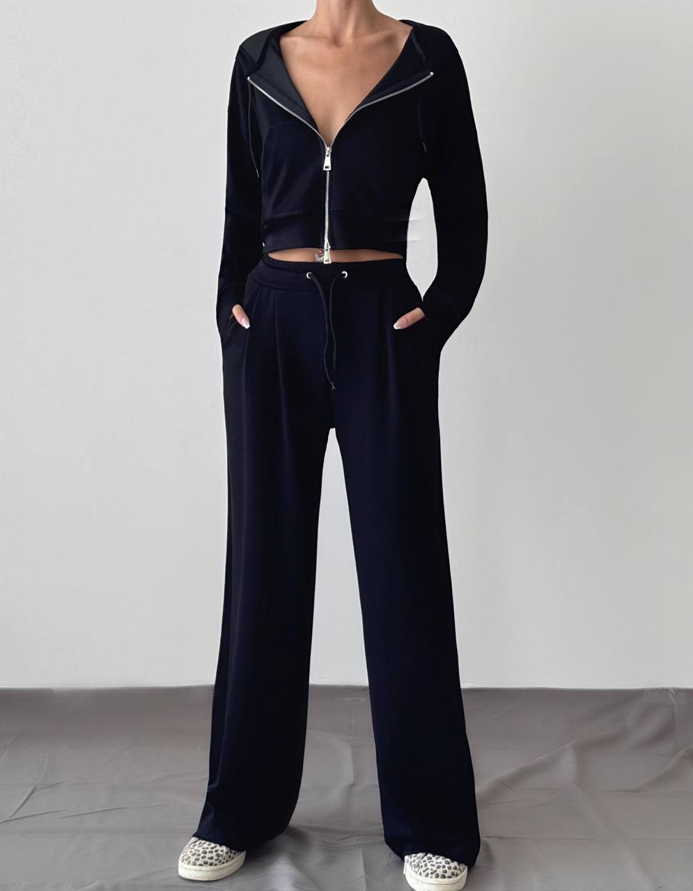 Zippered Crop Top & High-Waisted Pants Set