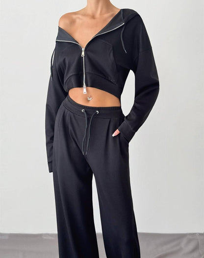 Zippered Crop Top & High-Waisted Pants Set