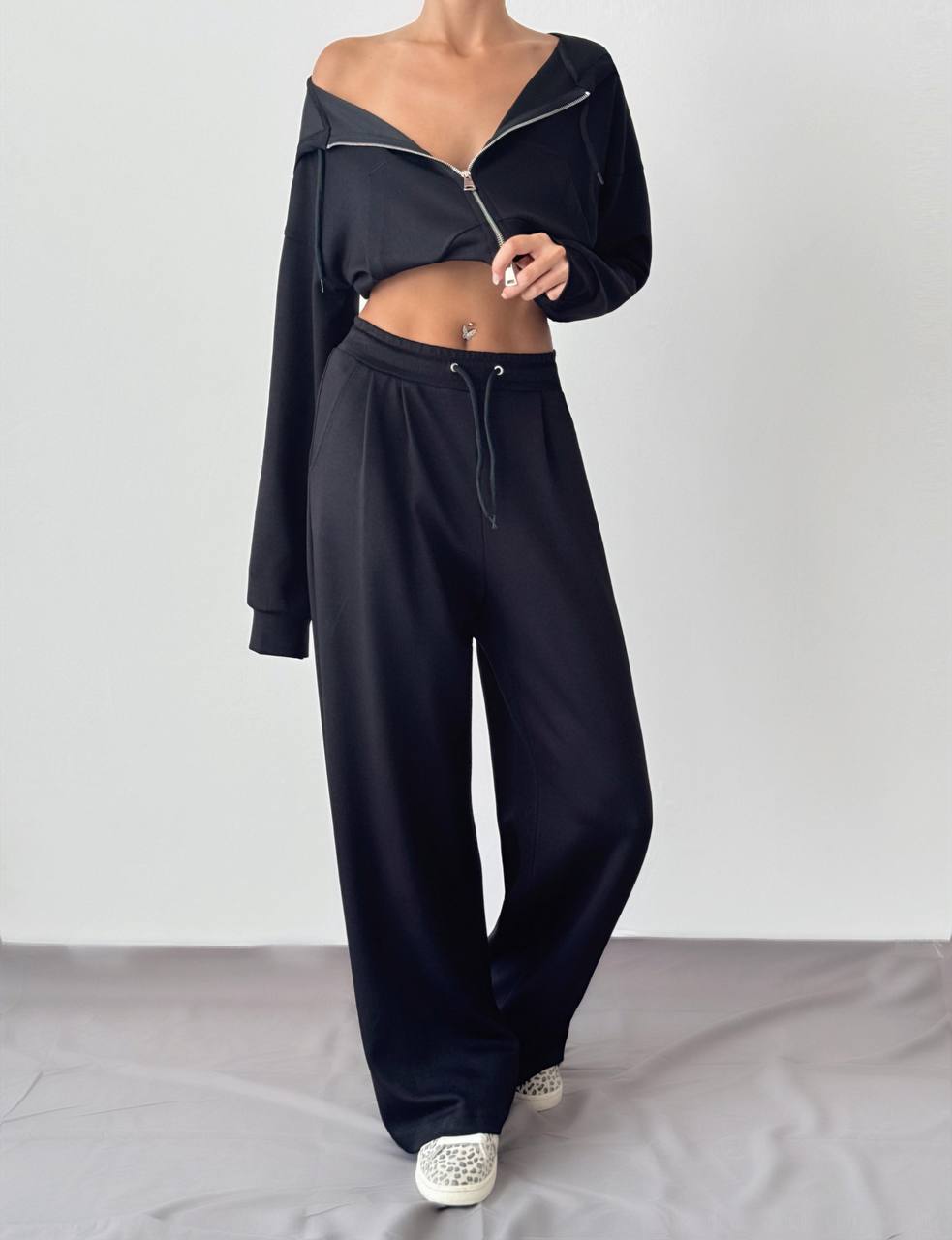 Zippered Crop Top & High-Waisted Pants Set