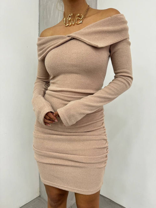 Off-the-Shoulder Bodycon Dress with Ruched Detailing