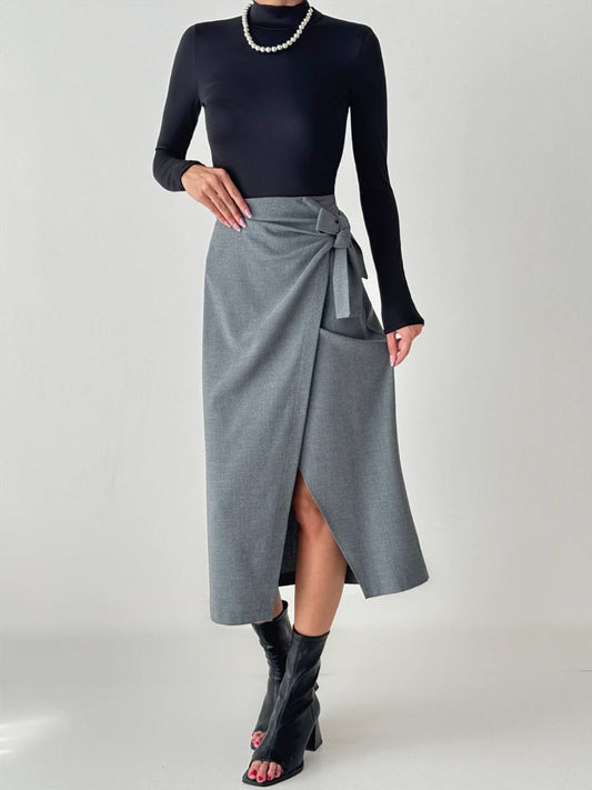 Asymmetrical Wrap Skirt with Side Tie Detail