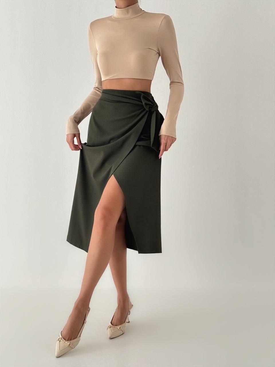 Asymmetrical Wrap Skirt with Side Tie Detail