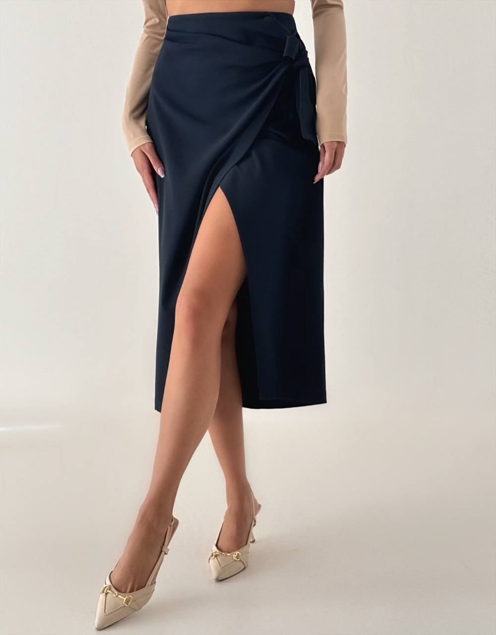 Asymmetrical Wrap Skirt with Side Tie Detail