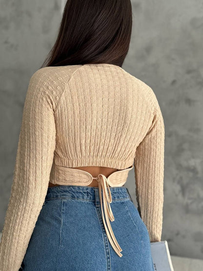 Ribbed Back-Tie Cropped Sweater