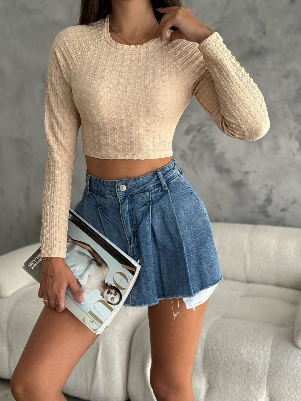 Ribbed Back-Tie Cropped Sweater