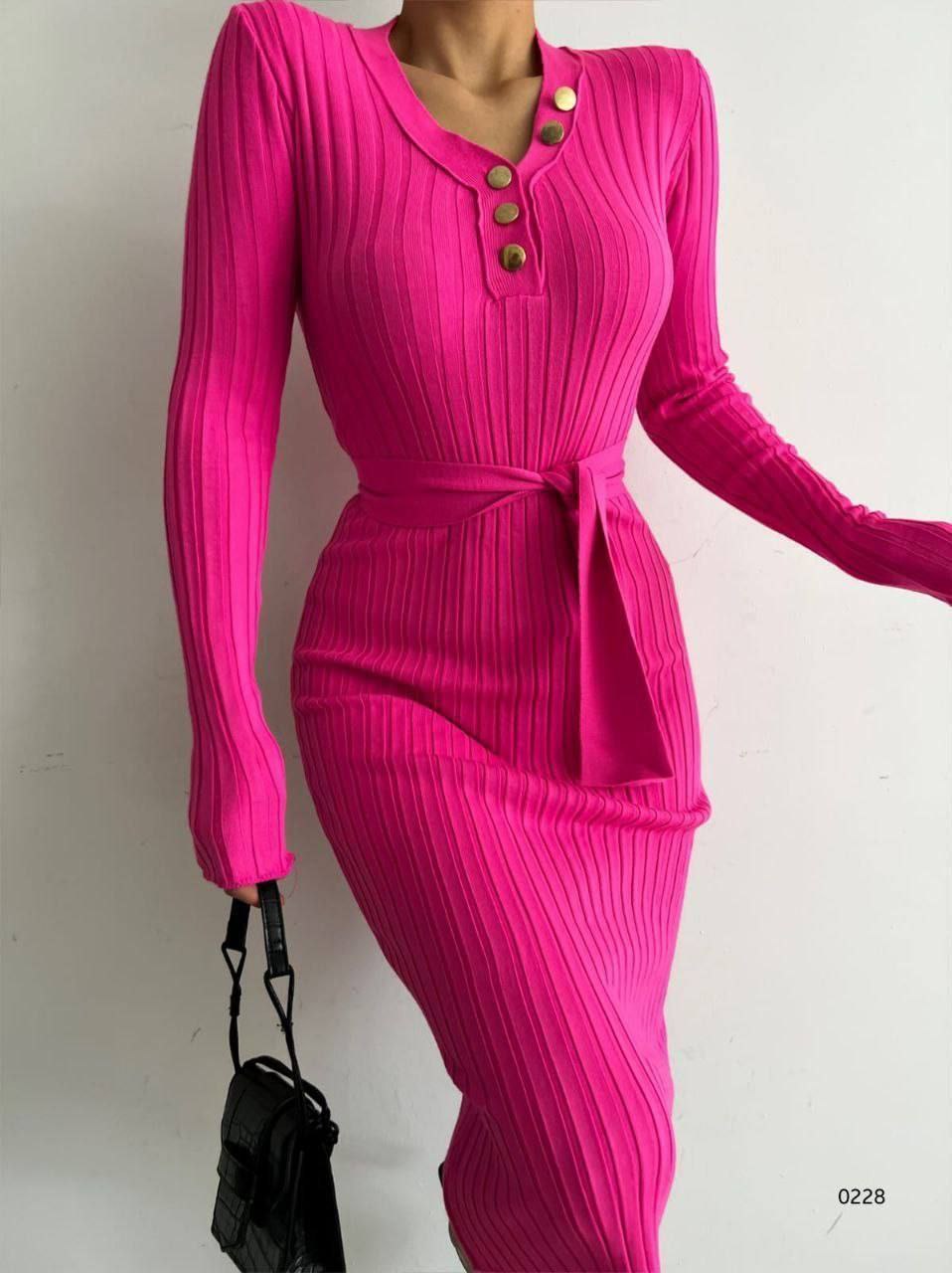 Ribbed Knit Midi Dress with Waist Tie Detail