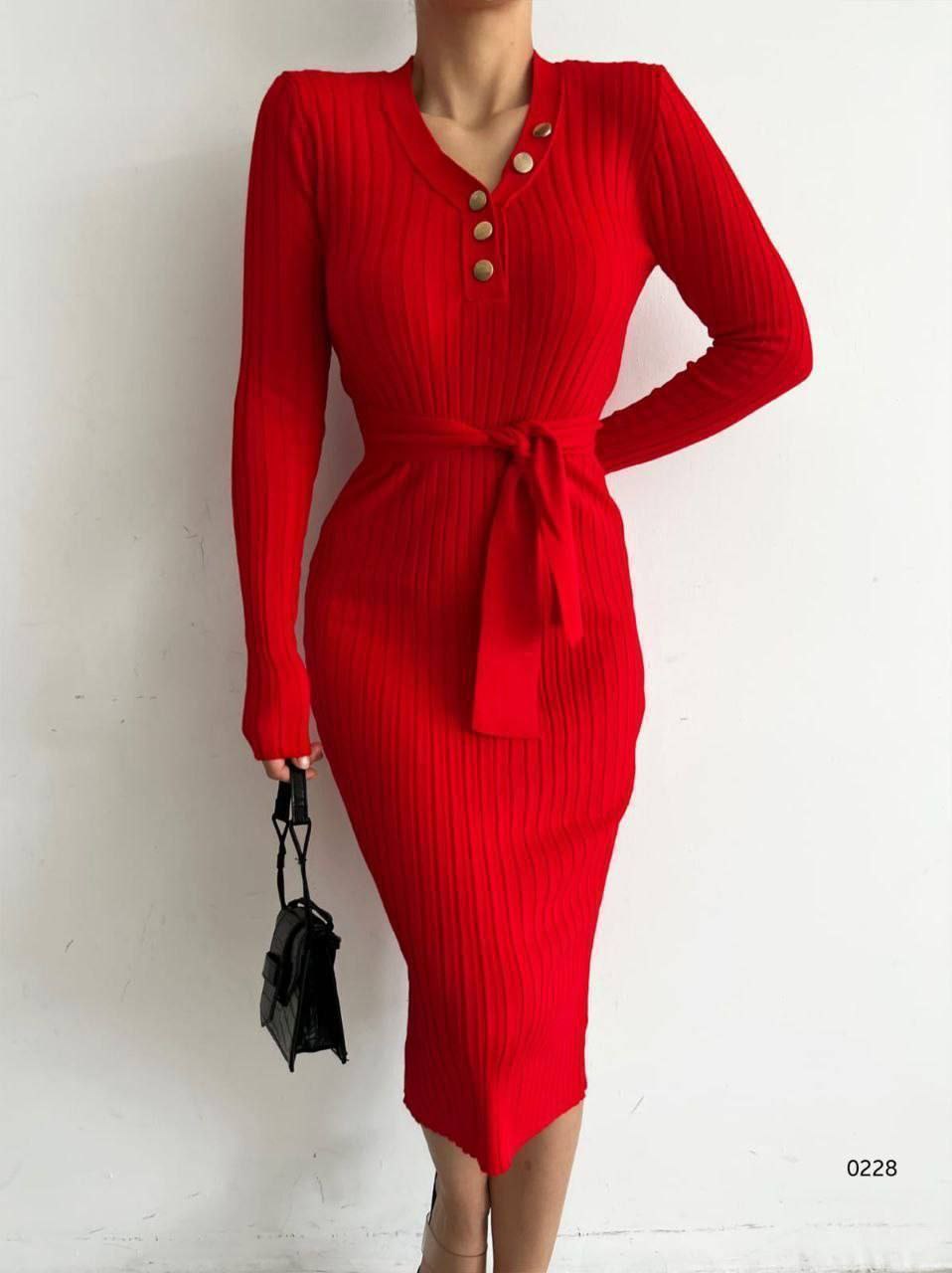 Ribbed Knit Midi Dress with Waist Tie Detail