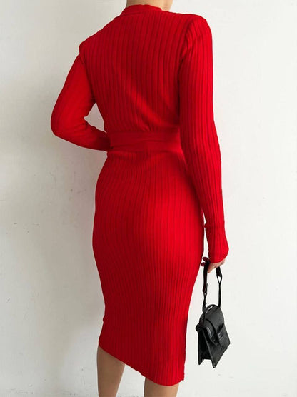 Ribbed Knit Midi Dress with Waist Tie Detail