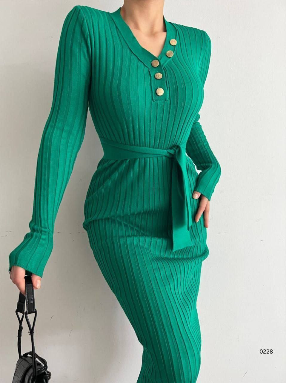 Ribbed Knit Midi Dress with Waist Tie Detail