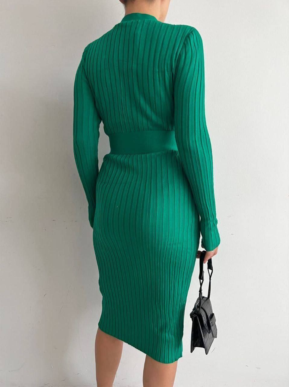 Ribbed Knit Midi Dress with Waist Tie Detail