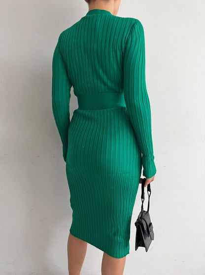 Ribbed Knit Midi Dress with Waist Tie Detail