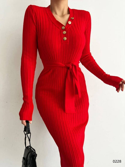 Ribbed Knit Midi Dress with Waist Tie Detail