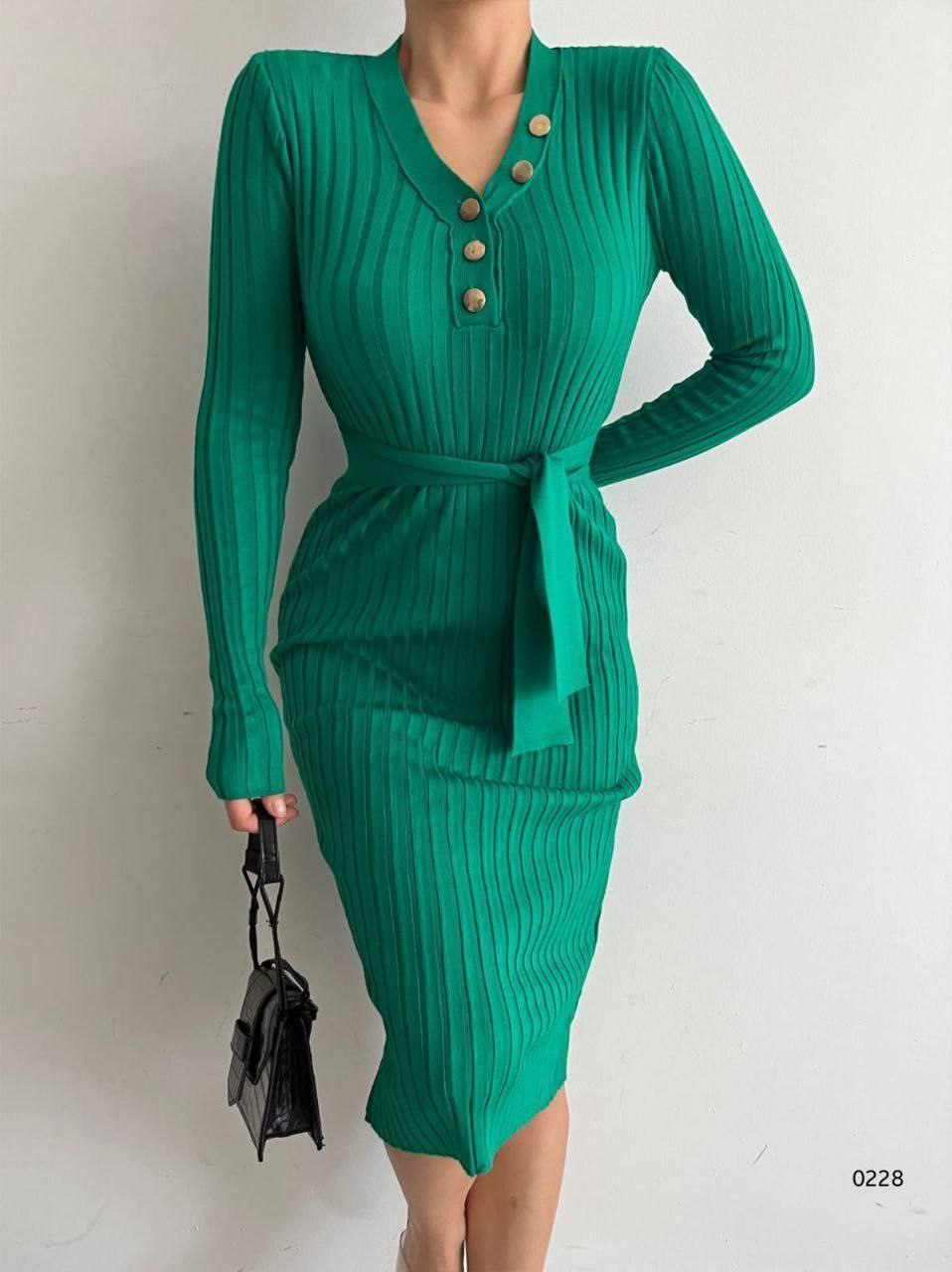 Ribbed Knit Midi Dress with Waist Tie Detail