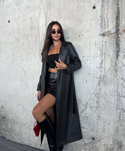 Black Trench Coat with Waist Tie