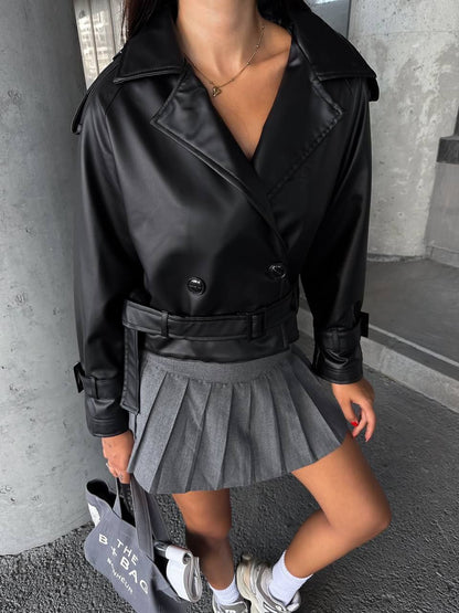 Tailored Black Leather Belted Jacket