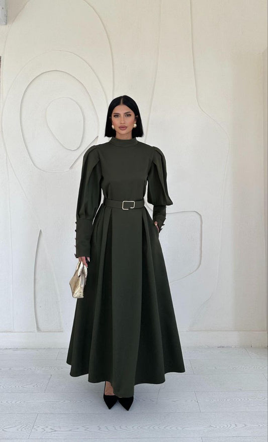 Belted Midi Dress with Long Sleeves