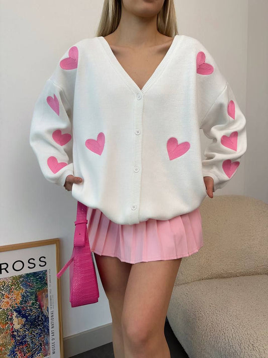 V-Neck Cardigan with Heart Patterns