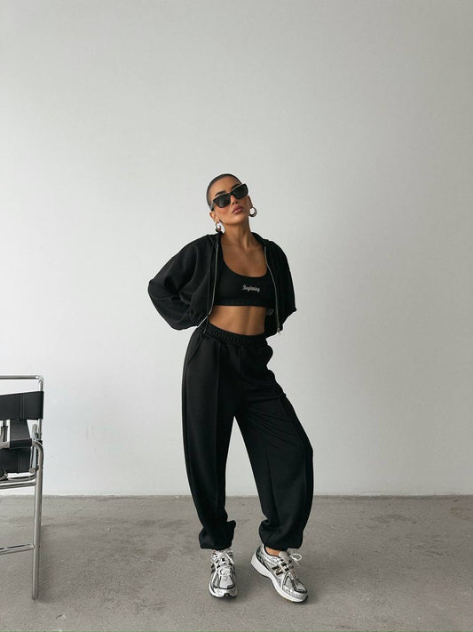 Cropped Jacket & High-Waisted Pants Set