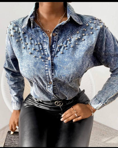 Pearl Bead Embellished Denim Shirt