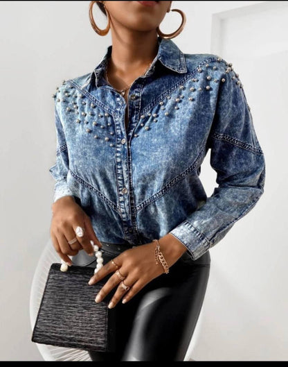 Pearl Bead Embellished Denim Shirt