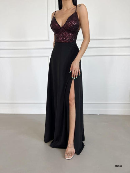 Sequined Bodice Gown with Thigh-High Slit Dress