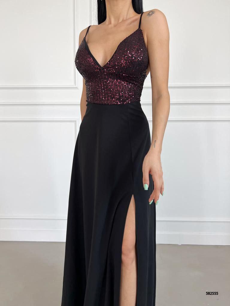 Sequined Bodice Gown with Thigh-High Slit Dress