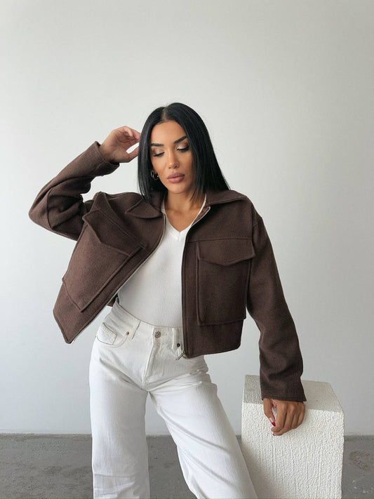 Textured Cropped Jacket with Zipper Closure