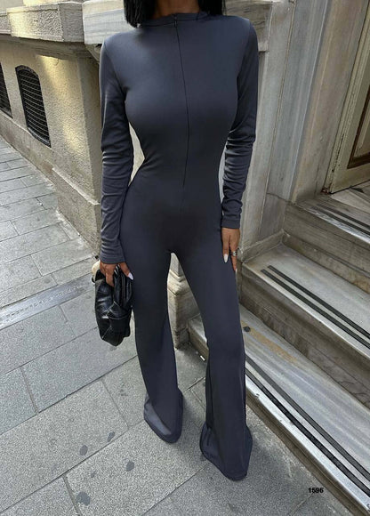 High-Neck Zip-Front Flared Jumpsuit