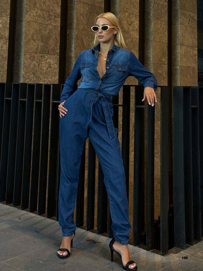 Denim Belted Jumpsuit with Straight-Leg Cut