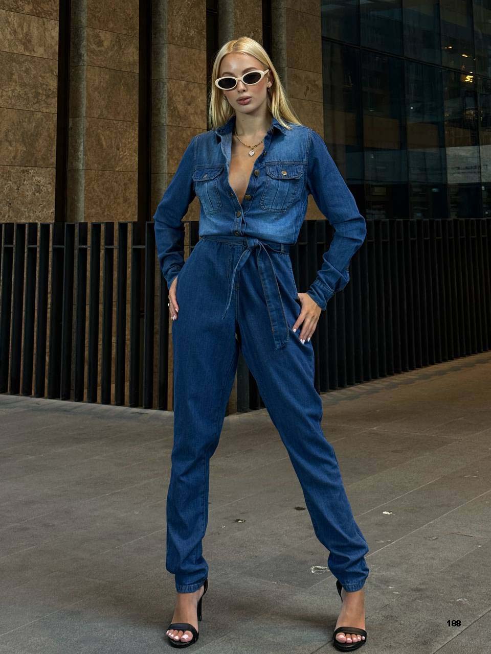 Denim Belted Jumpsuit with Straight-Leg Cut