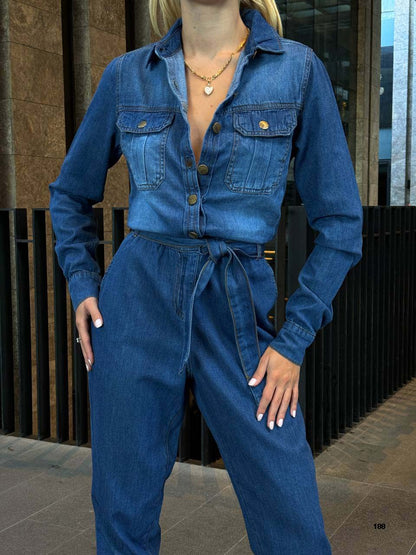 Denim Belted Jumpsuit with Straight-Leg Cut