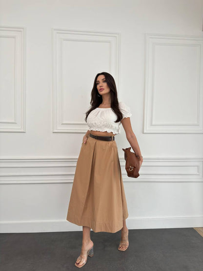 Pleated High Waisted Midi Skirt