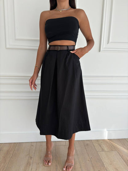 Pleated High Waisted Midi Skirt