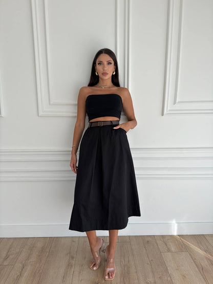 Pleated High Waisted Midi Skirt