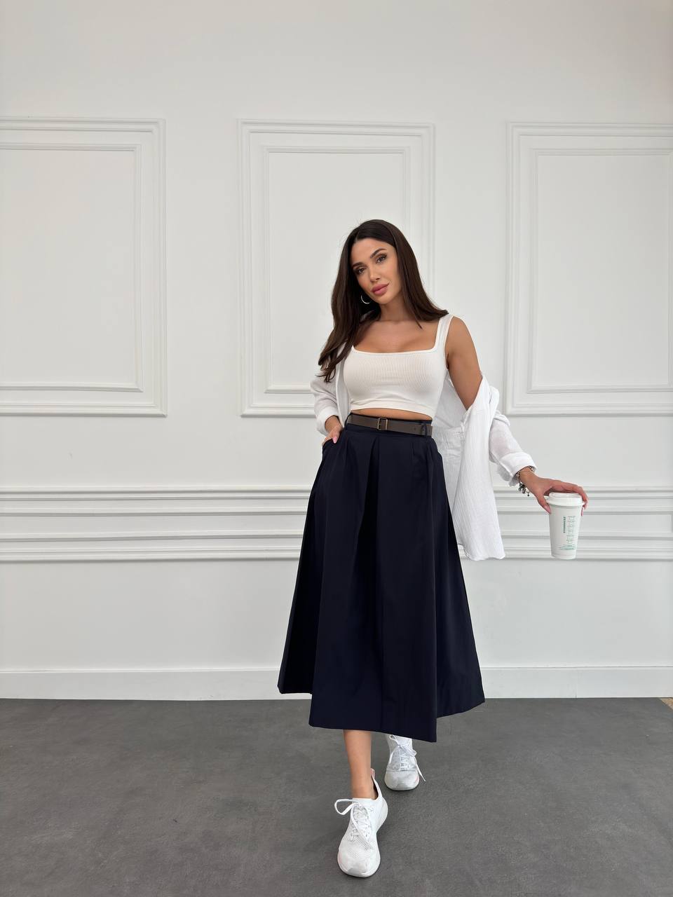 Pleated High Waisted Midi Skirt