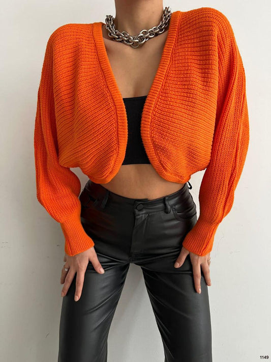 Vibrant Orange Cropped Balloon Sleeve Cardigan