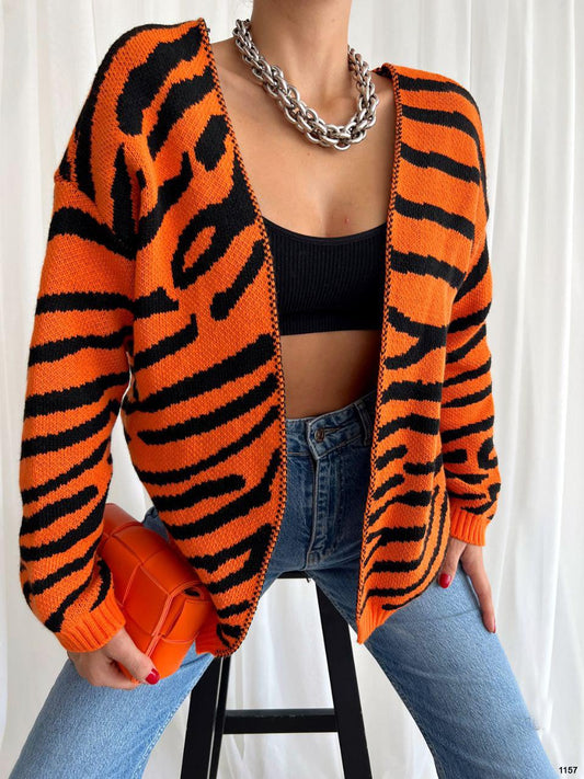 Striped Open-Front Knit Cardigan