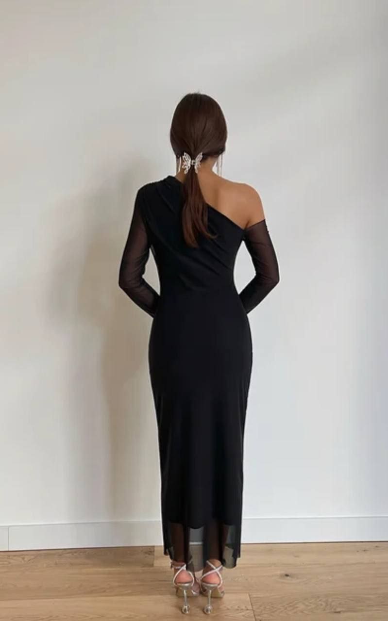 Asymmetrical One-Shoulder Draped Midi Dress